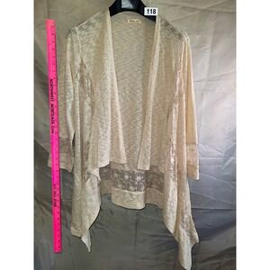 Indigo Soul Beige Solid Knit V-Neck Cardigan Sweater Womens M Lace 3/4 Sleeve